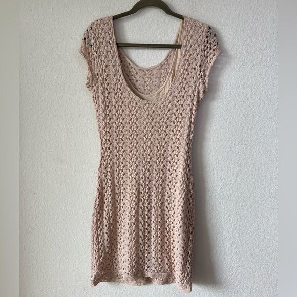 Free People Crochet Lace Bodycon Mini Dress M Scoop Neck Beige Y2K Boho Hippie - Picture 2 of 5